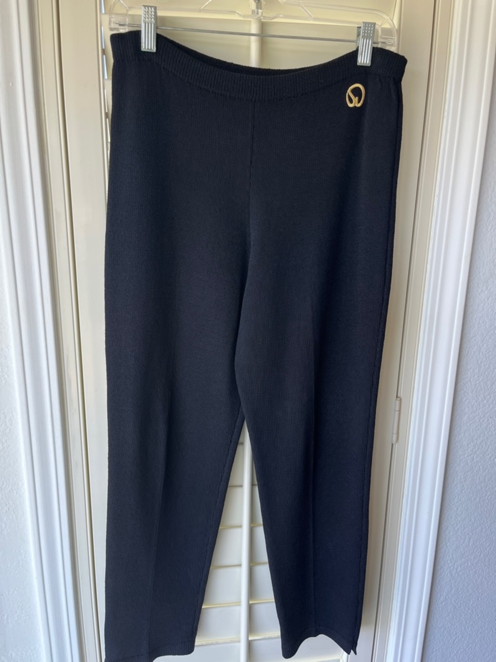 St. John Black Knit Straight-Leg Pants with Gold Logo Accent